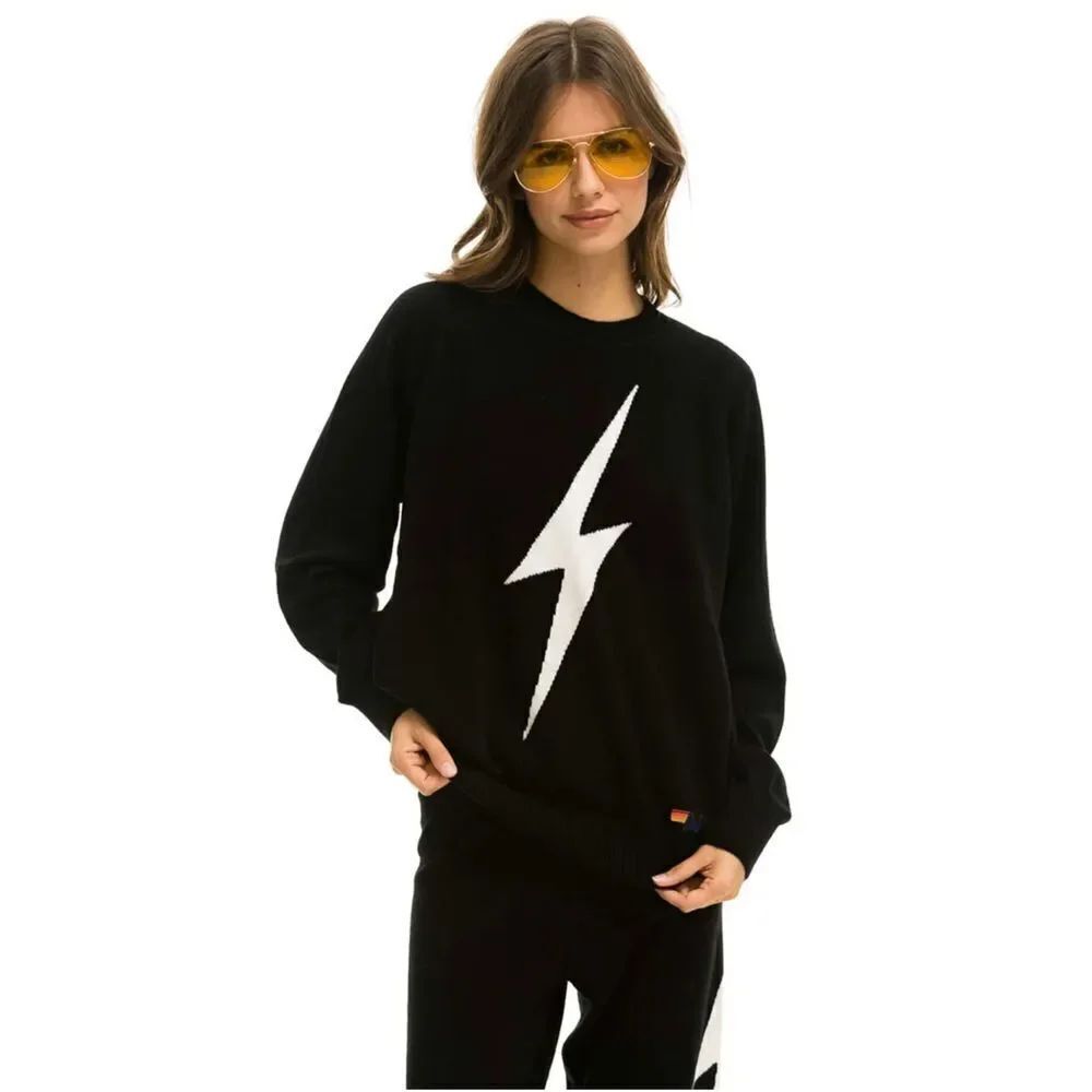 Aviator Nation Cashmere Pullover Sweater Black Bolt Print Unisex Size XL
